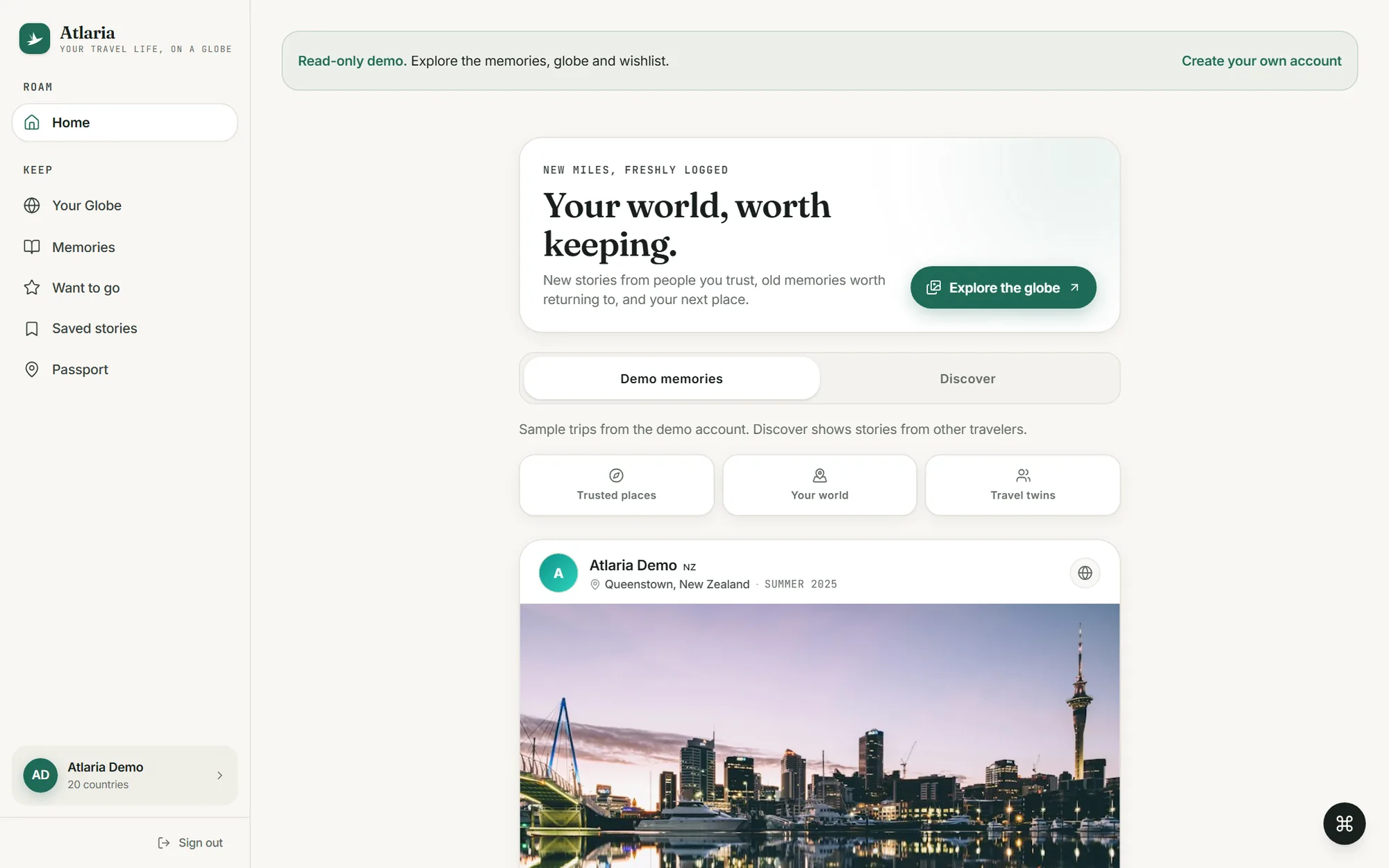 Demo account. A read-only feed and globe you can explore before signing up.