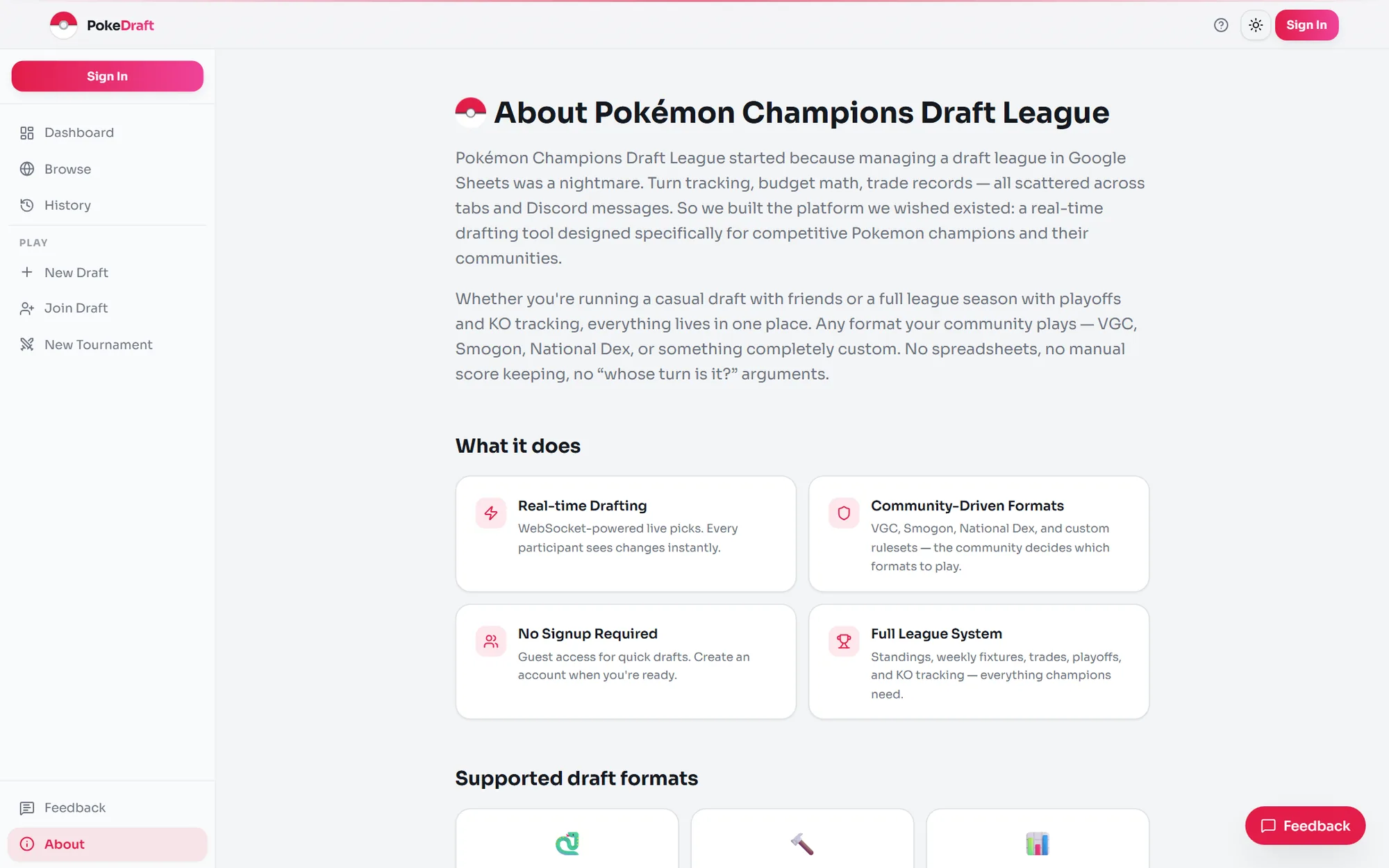About page. Why the draft league exists and the formats it supports.