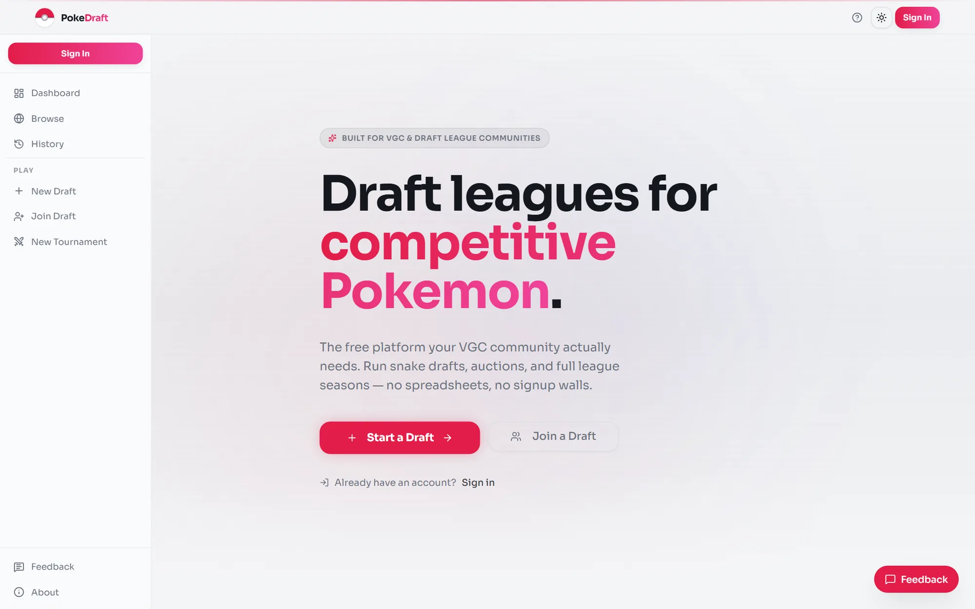 Pokémon Draft League. Landing page: draft leagues for competitive Pokémon.