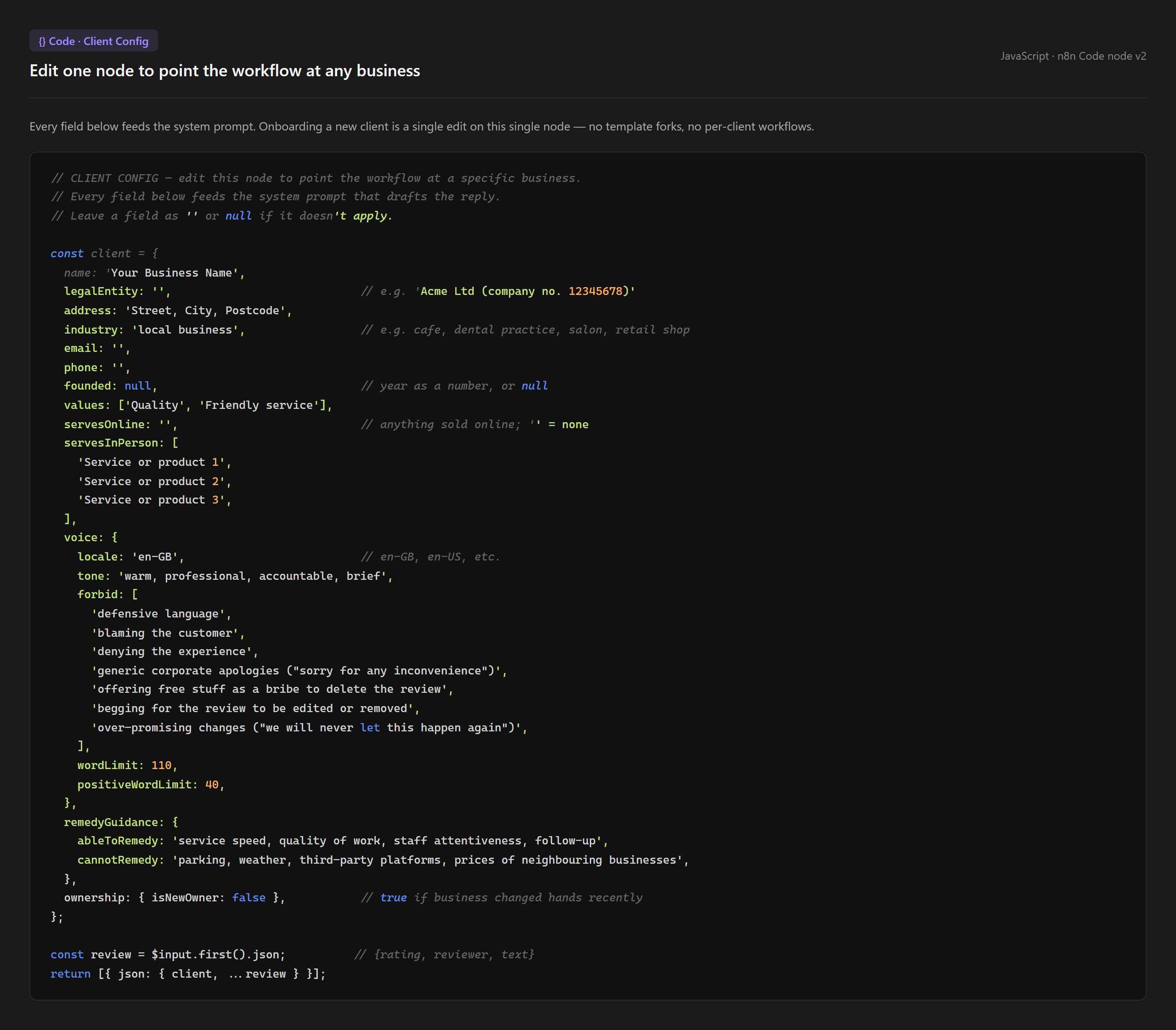 Client Config node. JavaScript code with editable client fields.