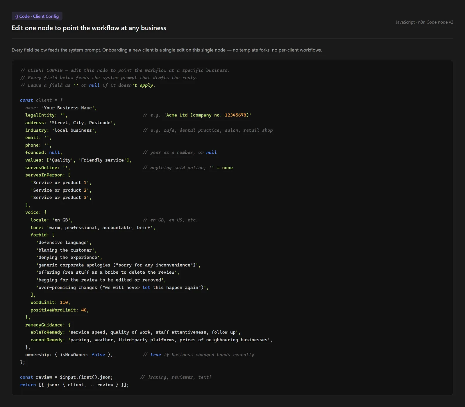 Client Config node. JavaScript code with editable client fields.