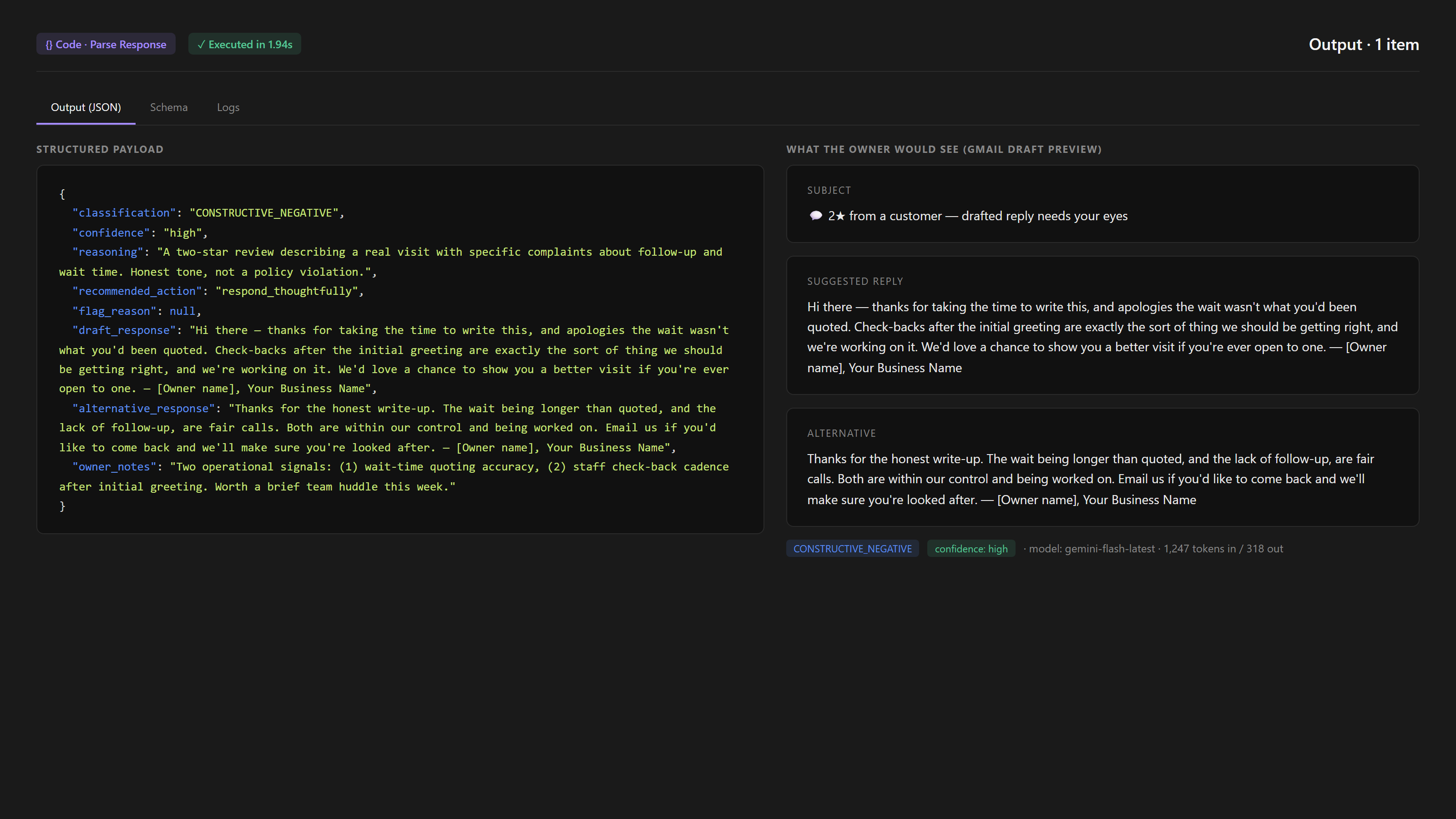 Execution output. Structured JSON next to a Gmail-style draft preview.