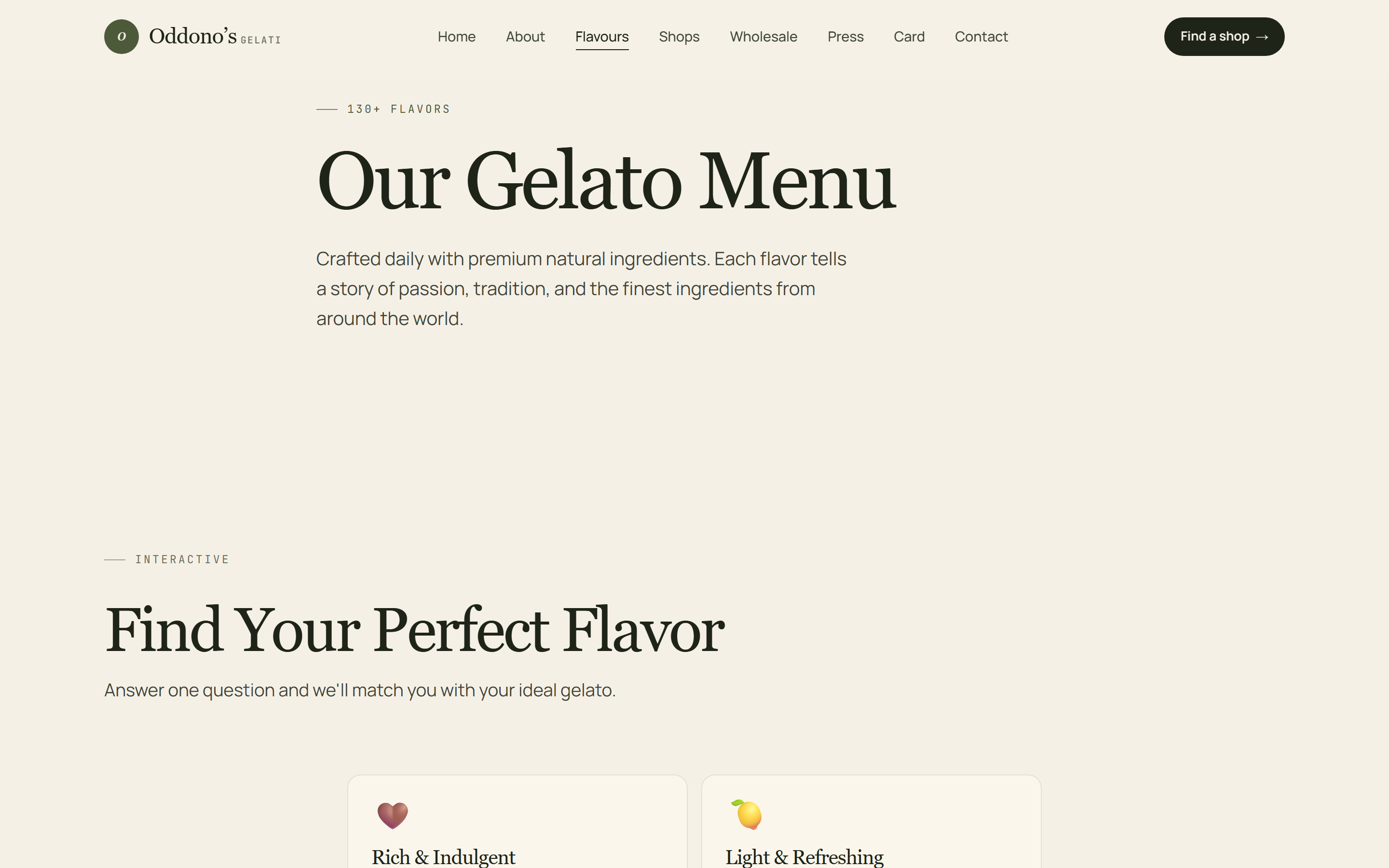 Flavours page. Editorial menu with a quick flavour-finder block.
