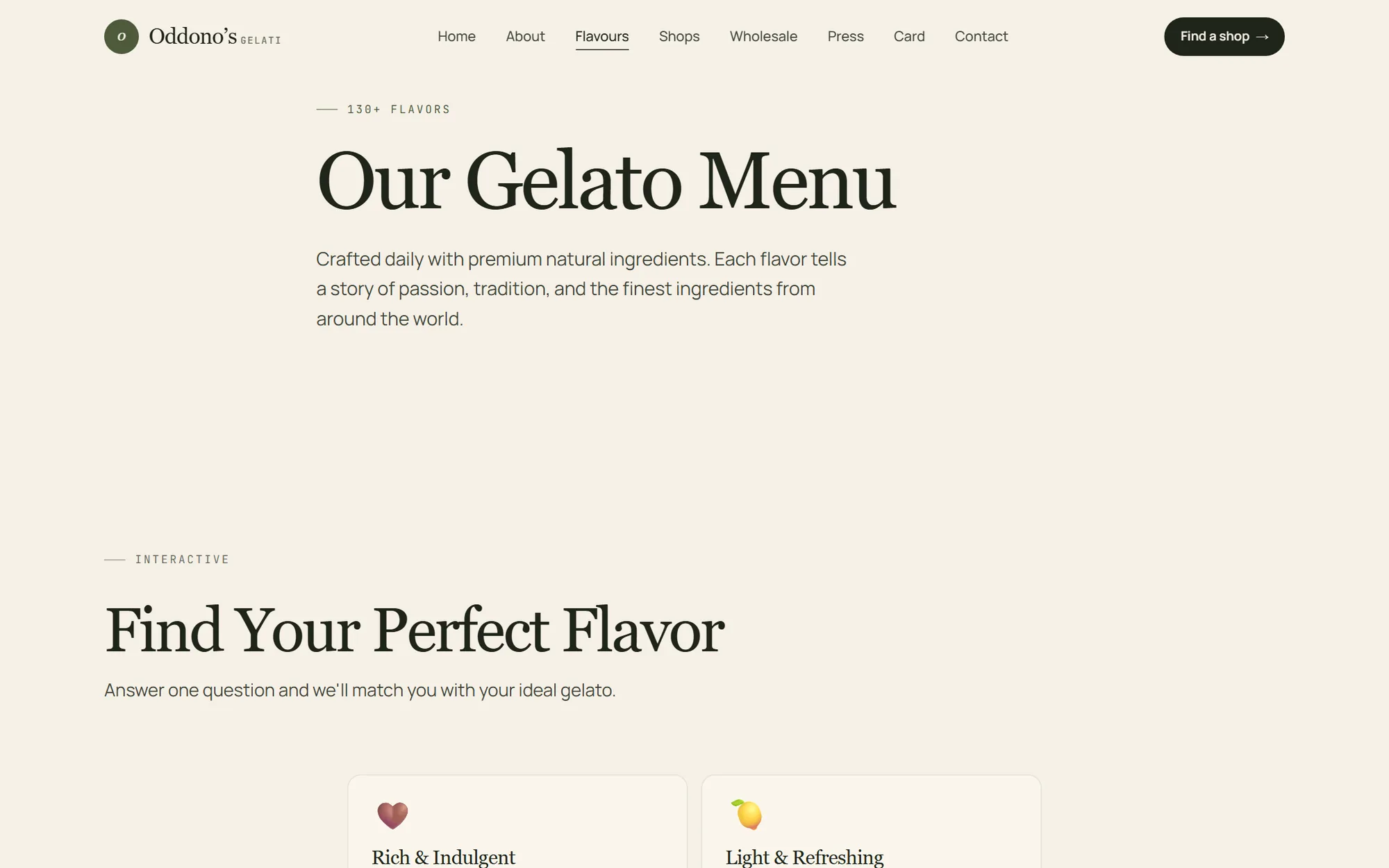 Flavours page. Editorial menu with a quick flavour-finder block.