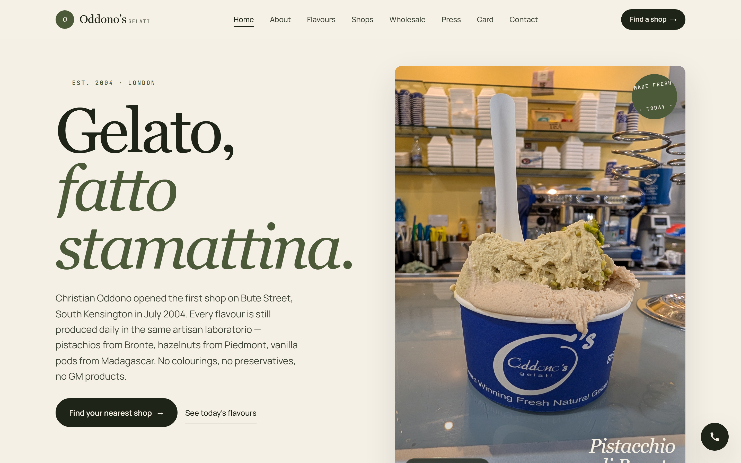 Oddono's home page. Editorial hero, product story, and shop locator entry.