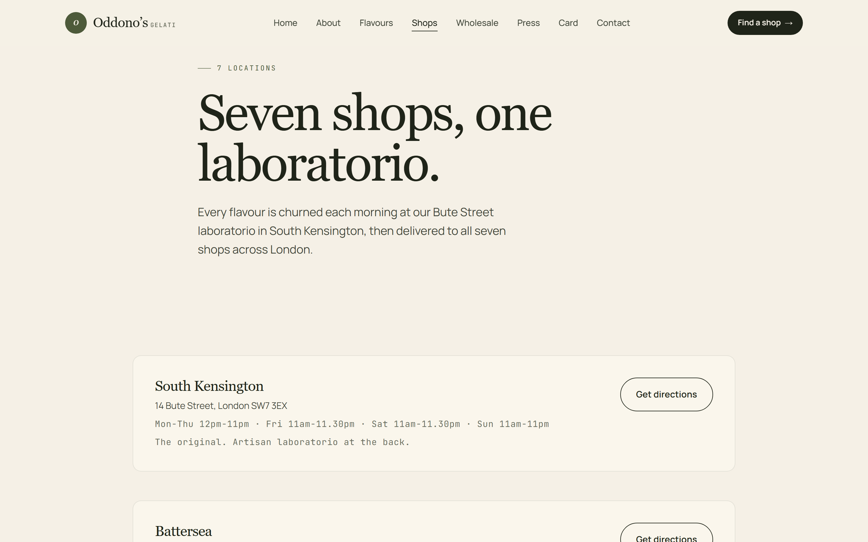 Shops page. Sortable list of all seven shop locations.