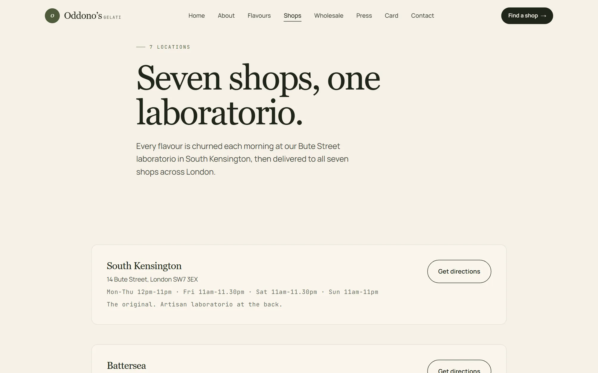 Shops page. Sortable list of all seven shop locations.