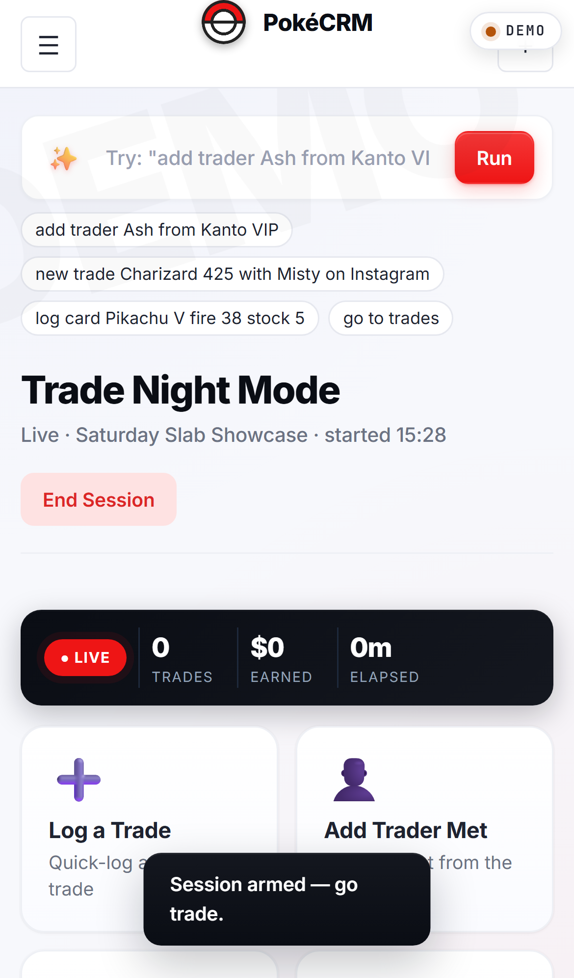 Trade Night Mode on mobile. Same controls, two-column layout.