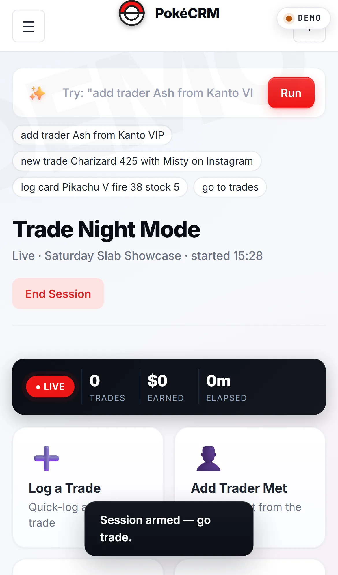 Trade Night Mode on mobile. Same controls, two-column layout.