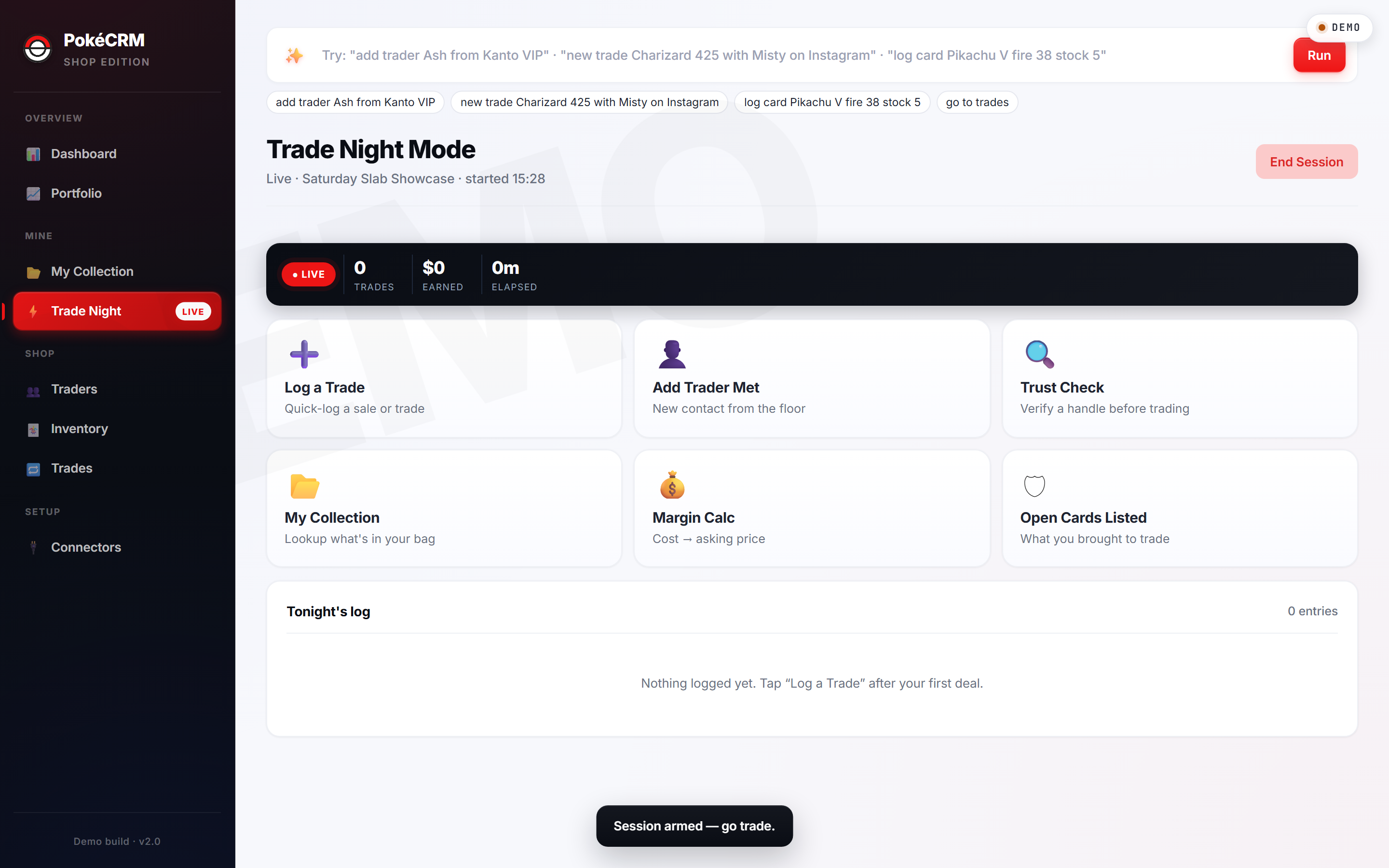 Trade Night Mode. Live session with big-button actions.