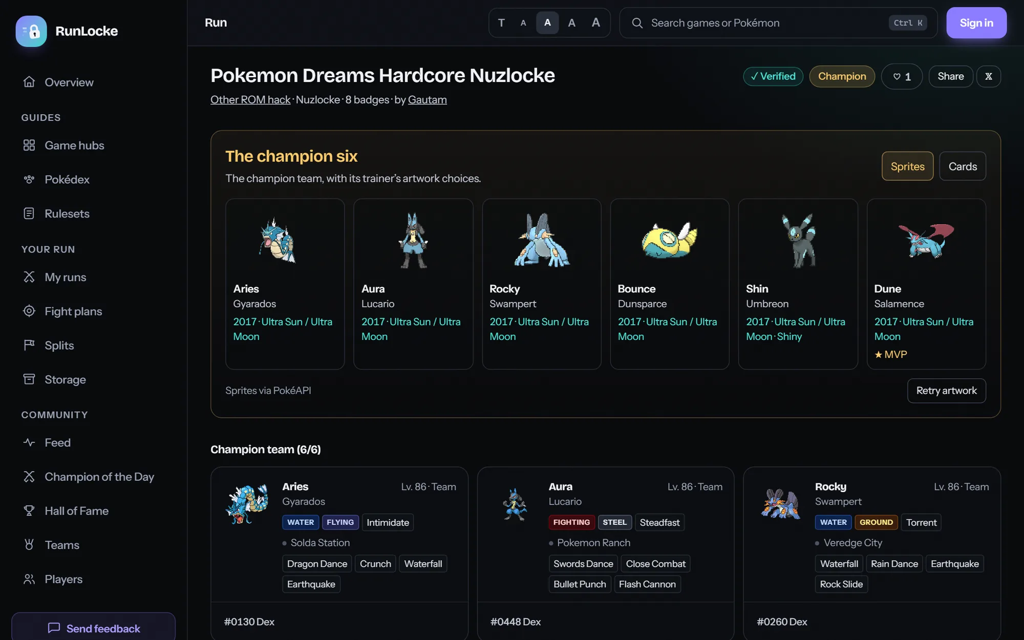 A single run page with the champion six and the full team history.