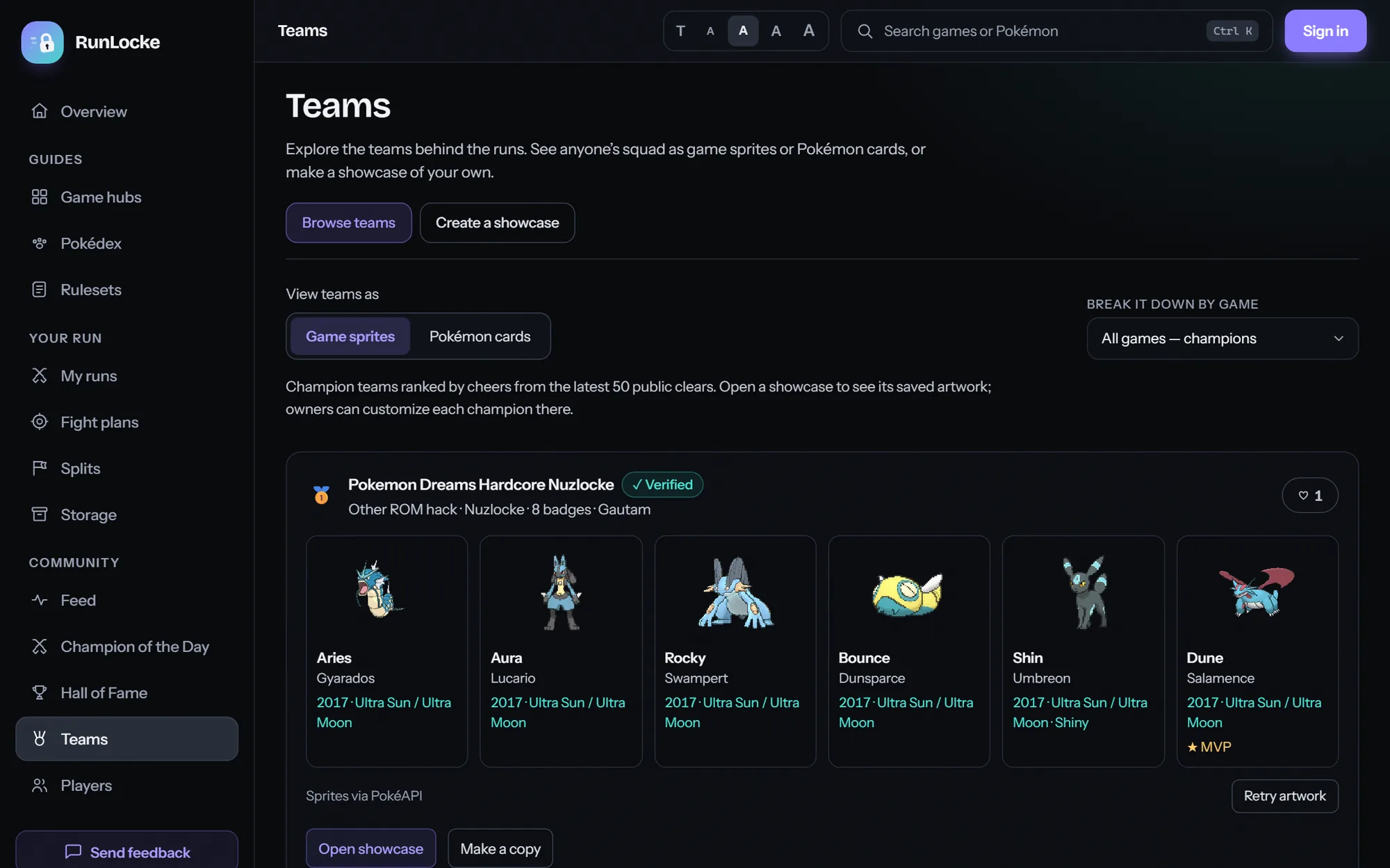 Teams page. Champion teams shown as sprites or Pokémon cards.